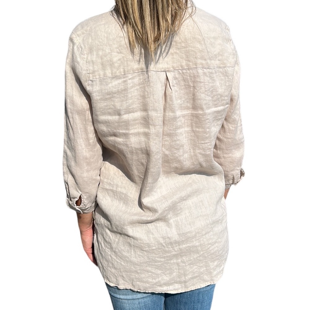 Vintage Peck & Peck Anthropologie Linen Button Down Shirt Tunic Hi-Low Khaki M